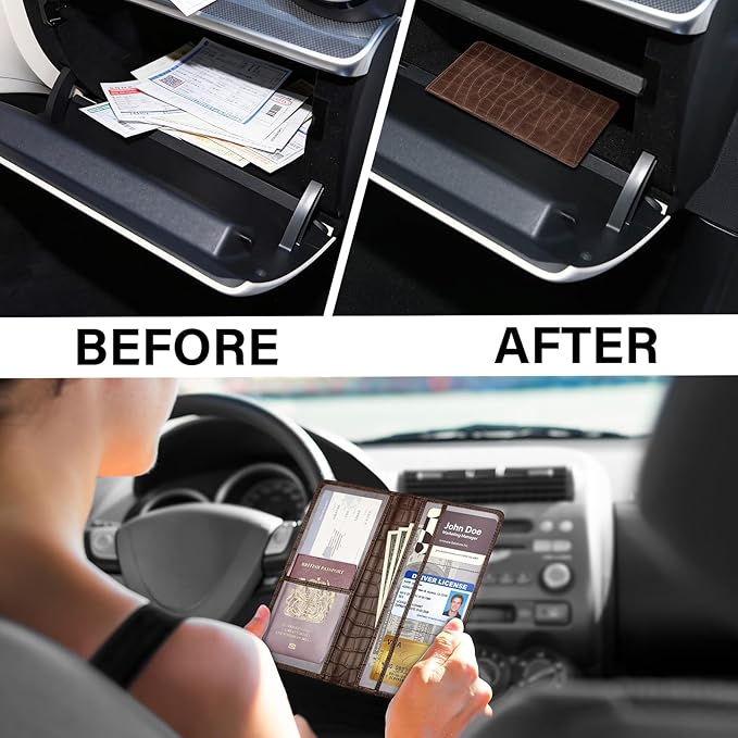 Car Registration and Insurance Holder, Brown Vehicle Glove Box Car Organizer with Magnetic Closure for Documents, Cards, License Car Organization, 1 Pack
