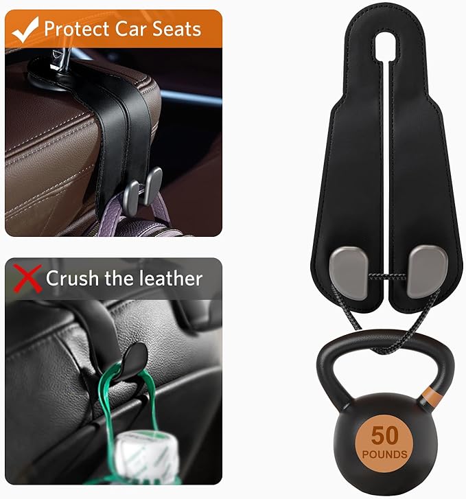 CoBak Purse Hook for Car - Universal Premium Stitched Leather and Aluminum-Magnesium Alloy Double Car Seat Back Storage Hook for Purses, Handbags, Bags (2 Pack),Black