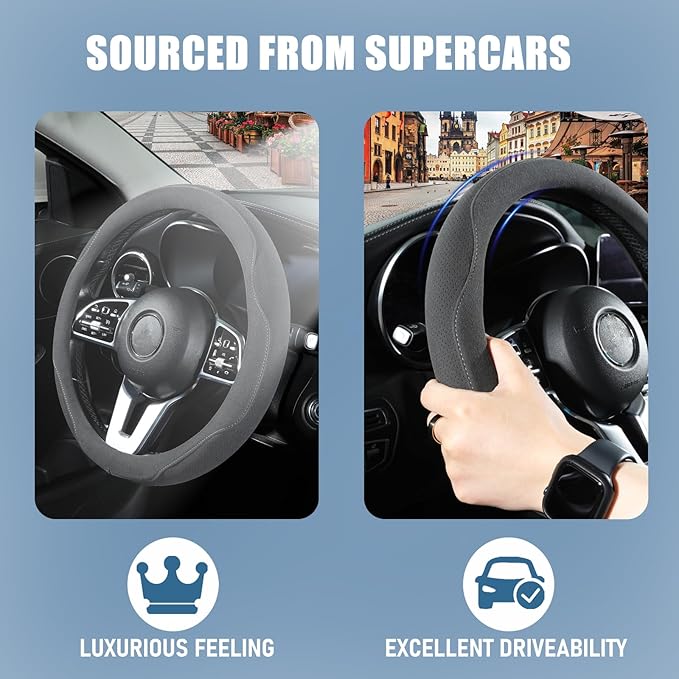 Black Suede D Shaped Steering Wheel Cover, Breathable Non-Slip Sweat-Proof Wear-Resistant No Pilling, Warm in Winter and Cool in Summer, Universal 15 inch