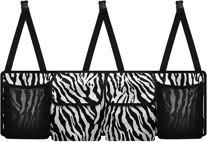 SEANATIVE Black Zebra Car Trunk Organizer, Super Capacity Vehicle Hanging Backseat Cargo Storage Bag with Robust Elastic Net, Detachable Auto Seat Back Organizing Bag, Universal for SUV