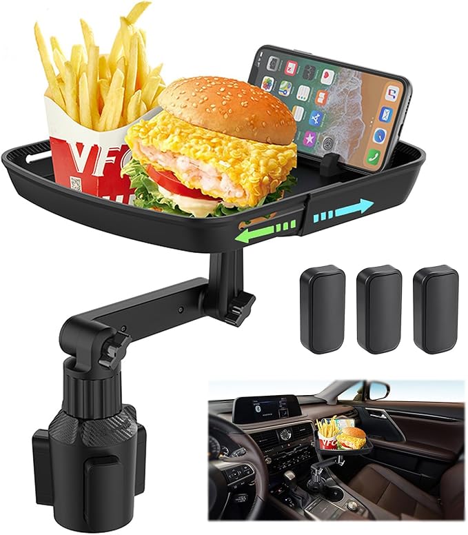 DOUBFIVSY Larger Cup Holder Tray for Car, 10 inch Car Food Tray with Phone Holder Detachable 3 in 1 Car Cup Holder 360° Rotating Food Table Tray Expander for Eating