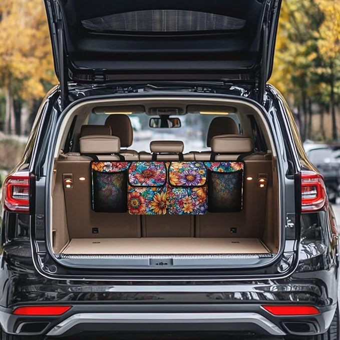 Boho Floral Flowers Backseat Trunk Organizer for Car Dahlia Hanging Cargo Bag Sturdy Trunk Storage Bag with 4 Storage Bags and 3 Adjustable Buckles