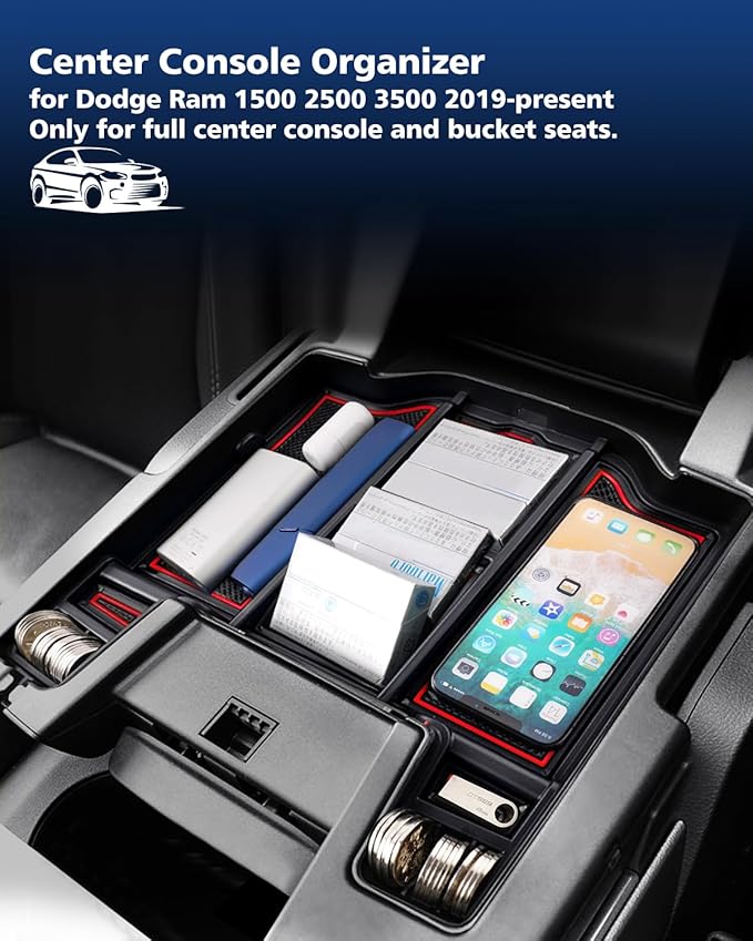 FIILINES Center Console Organizer for Dodge Ram 1500 2500 3500 2019-2025, Center Console Tray Secondary Armrest Storage Box ABS Insert Container with Anti-Slip Mats