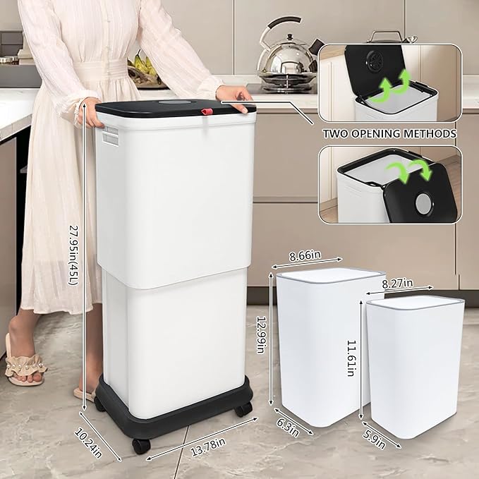 HI NINGER 3 Pack Kitchen Trash Can with Lid, 13 Gallon Trash Can for Home Office Bedroom Living Room Outdoor 45Liter Trash Bin,Comes with Two 2.2 Gallon Bathroom Trash cans with lids（with Garbage Bag