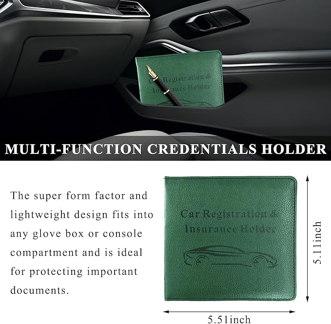 Car Registration and Insurance Holder, 5.51" × 5.11" Premium Leather Vehicle Glove Box Organizer with Magnetic Closure, Auto Document Holder for Cards Paperwork and Drive License (Dark Green)
