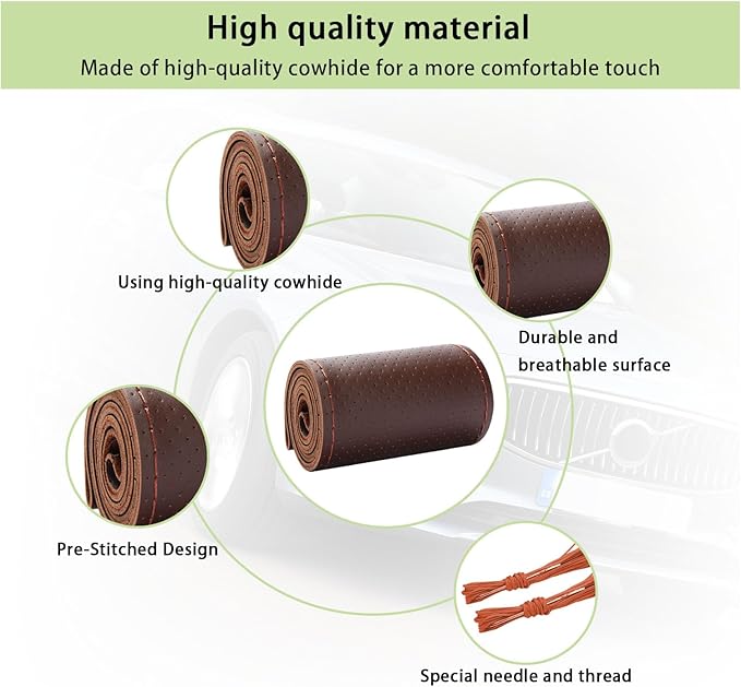 Kewucn Genuine Leather Steering Wheel Cover, 15" Universal Car Steering Wheel Protector with Needle Thread, Breathable Anti-Slip Steering Wheel Cover DIY Stitch on Wrap (Coffee, Full Hole)