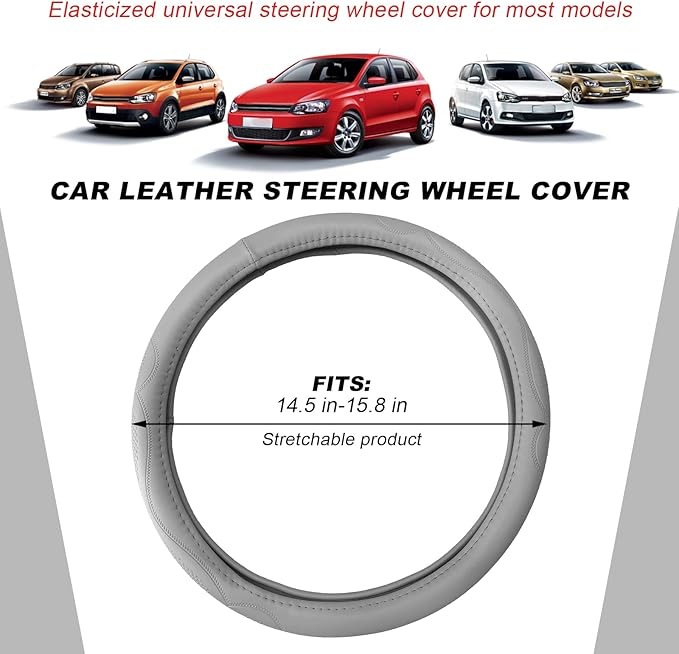 15 Inch Leather Steering Wheel Cover, Breathable Anti-Slip Steering Wheel Protector Cover, Elastic Soft Comfortable Universal Wheel Cover for Men and Women, Car Accessories (Gray)
