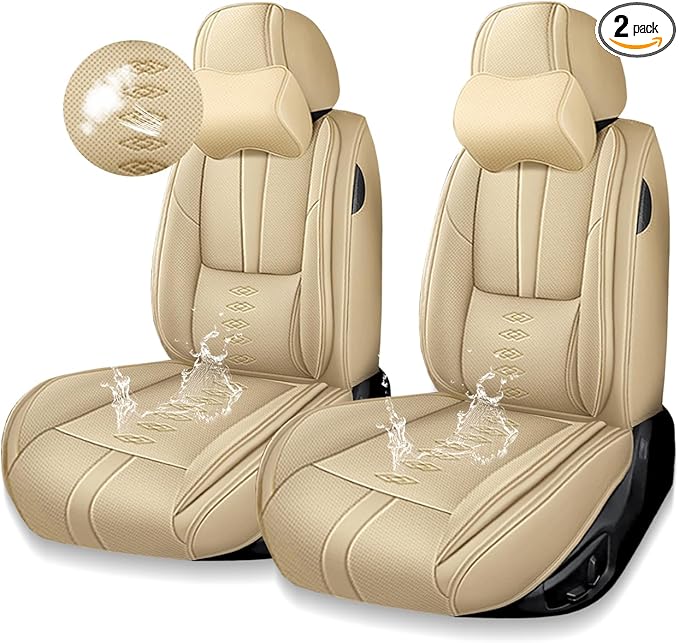 Premium Universal Car Seat Cover, Comfortable Leather Seat Cover for 96% of Models, Waterproof Car Seats Protectors Cushions for 2 Seats(Beige,Pillows)