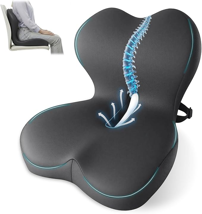 XZdream Memory Foam Seat Cushion,Office Chair Cushion with Lumbar Support for Back Pressure Relief,Sciatica,Car Seat Cushion with Adjustable Strap,Hip Pad Cushions for Car,Truck,Desk,(D-Dark Grey)