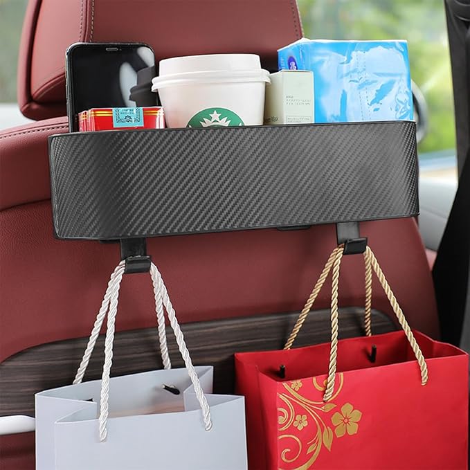 2PCS Car Backseat Cup Holder Organizer, Multifunctional Vehicle Headrest Storage Box with Strong Hooks, Automotive Interior Seat Back Hanging Box Accessories, Universal Fit (Black)