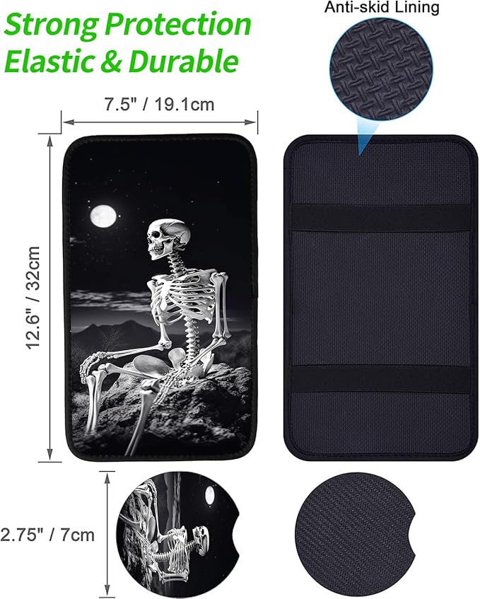 JANENFNA Car Armrest Cover Pads Universal Fashion Cute Auto Center Console Armrest Cover Pad with 2PCS Car Coasters Soft Waterproof Car Armrest Seat Protector for Women,Skeleton