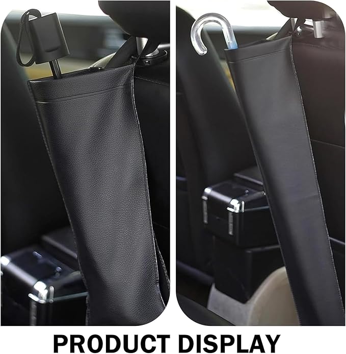 Car Umbrella Storage Bag, Waterproof Foldable Suspension Pouch for Long and Short Handle Umbrellas, Faux Leather Organizer with Hook and Loop Fastener, Universal Organizer for Car (Black)