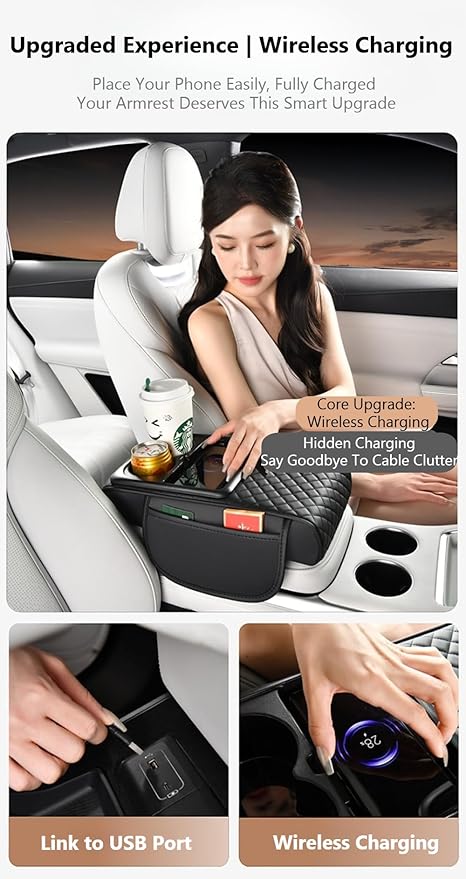 Car Armrest Pad with Built-in Induction Charging, Leather Center Console Cushion with 15W Power Pad, Dual Cup Holders, Storage Pockets - Light Beige