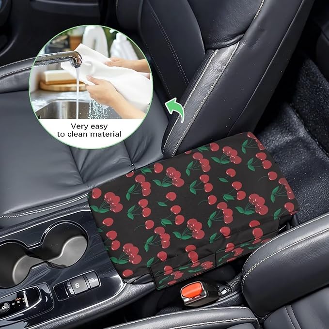 Wanyint Cherry Black Car Center Console Cover Universal Armrest Box Protector Scratch Resistant Wear-Resistant Arm Rest Cover Pad with Pockets Storage Bag Vehicle Accessories