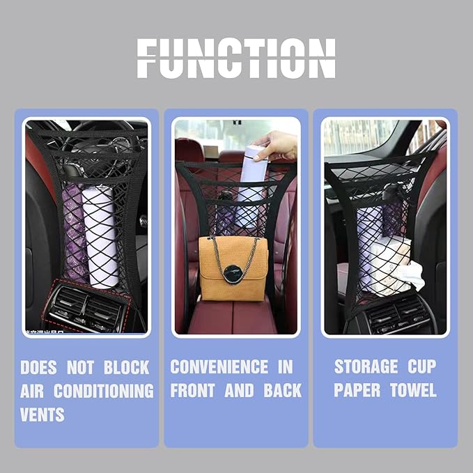 3-Layer Car Mesh Organizer, Seat Back Net Bag, Driver Storage Netting Pouch, Barrier of Backseat Pet Kids, Cargo Tissue Purse Holder（Upgrade Stretch Length）