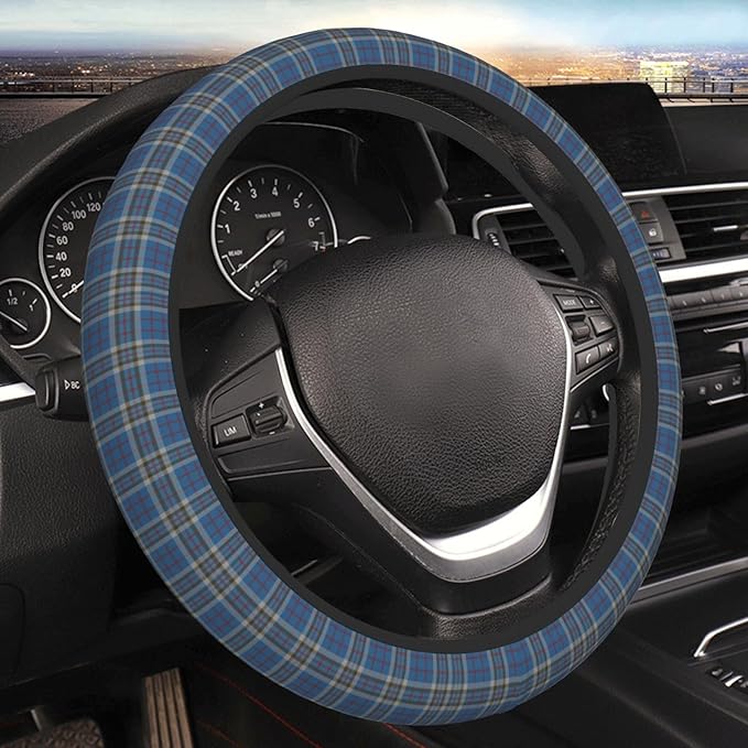 Thickened Elastic Steering Wheel Cover, Plaid Clan Thompson Grey Blue Check Tartan Ultra, Soft, Breathable, Fit for Cars, SUVs, Trucks, Stylish Comfortable Grip