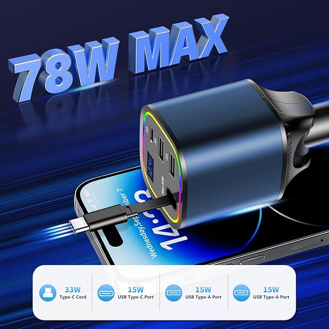 Retractable Car Charger, 4 in 1 Fast Car Charger 78W, with Type C, 2 USB-A Ports and 1 USB-C Port for Fast Charging, Compatible with iPhone 16/15/14/13/12/11, Galaxy, Pixel (Blue)