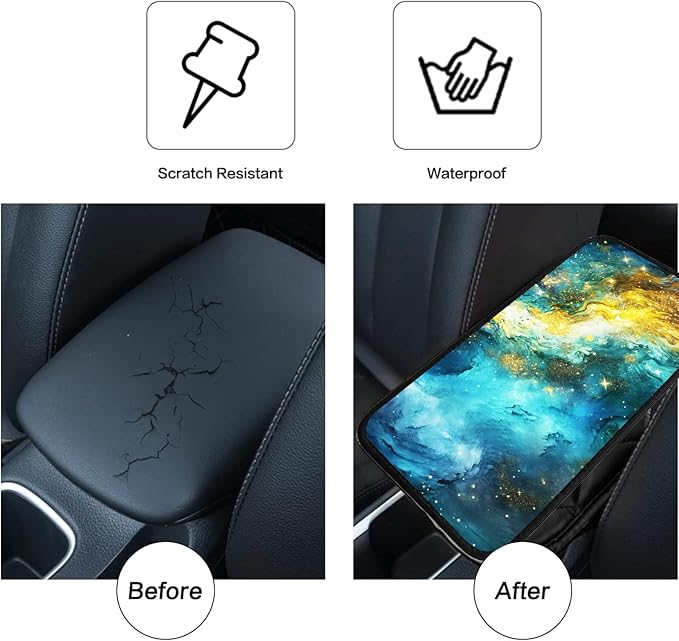 JANENFNA Car Armrest Cover Pads Universal Fashion Cute Auto Center Console Armrest Cover Pad with 2PCS Car Coasters Soft Waterproof Car Armrest Seat Protector for Women,Blue Starry