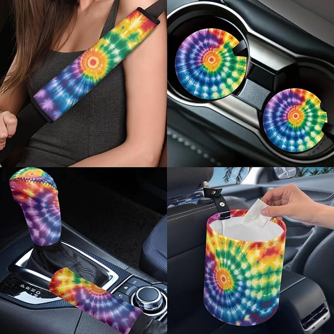 Dngkaoje 13 Pieces Tie Dye Car Seat Covers Full Set for Women Auto Interior Accessories Set for Front Rear,Hippie Tie Dye Print Collapsible Garbage Bin,Armrest Pad Cover,Handbrake Shift Covers