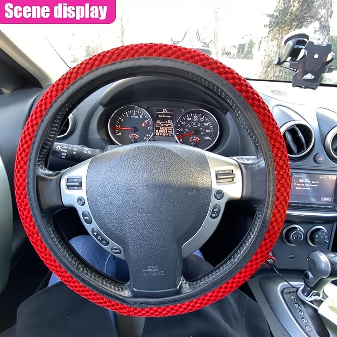 Elastic Stretch Steering Wheel Cover, Anti-Slip 15 inch Microfiber Odorless Breathable Ice Silk Car Steering Wheel Protector, Easy Carry, Warm in Winter & Cool in Summer (Red)