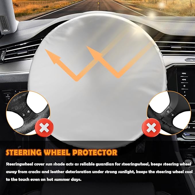 Car Steering Wheel Cover Sun Shade with Elastic Bands,210T Silver Coated Car Wheel Cover for Maximum 16.54 Inch Steeringwheels,Universal Truck Steering Wheels Covers