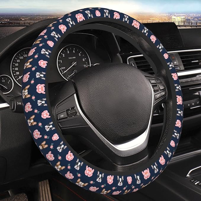 Neoprene Steering Wheel Cover French Bulldog Flowers Car Steering Wheel Cover Universal Fit for Most Cars