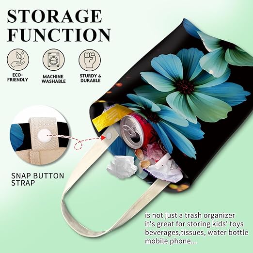 ABUIFDK Car Trash Can, Cute Car Trash Bag, Hanging Car Organizer and Storage Bag, Trash Bin for Car Accessories, Vehicle, Travelling, Camping Blue Beautiful Flowers