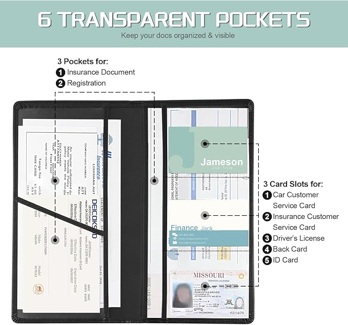 JUSTTOP 2Pack Car Registration and Insurance Holder,Car Document Holder for Cards License with Magnetic Shut,Car Organizer for Documents, Cards, License,Interior Car Accessories for Women Men(Black)