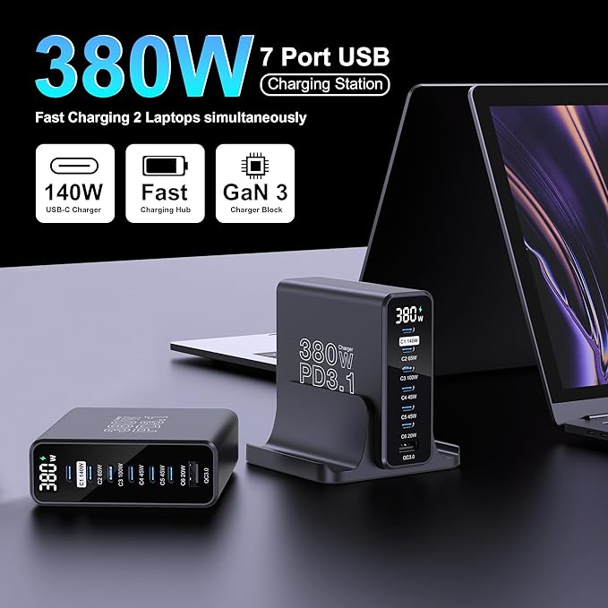 URVNS 240W 4-Ports USB C Car Charger Bundle with a 380W 7-Ports USB C Charging Station with LED Display