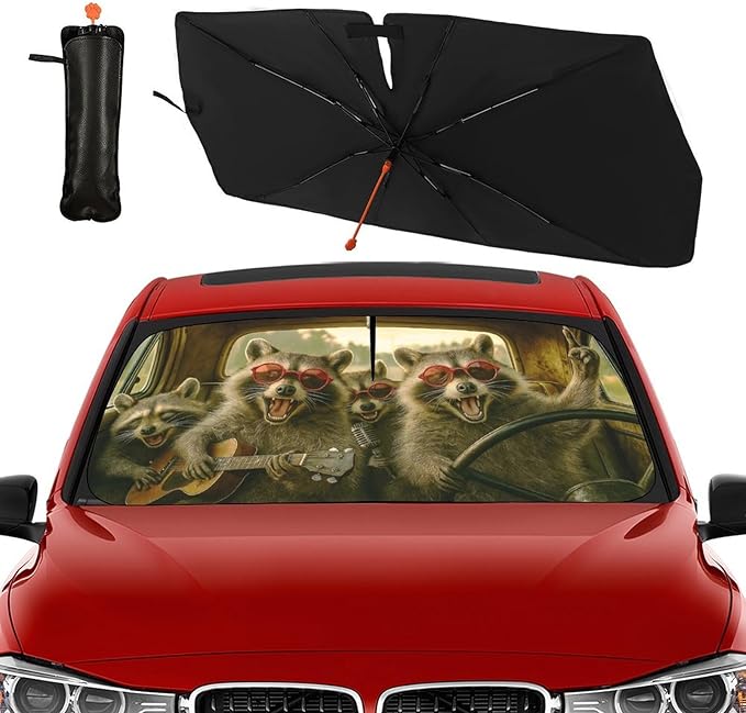 DOPINDU Funny Raccoon Car Windshield Sun Shade Umbrella Bendable Handle Foldable Animal Print Sunshade for Car Windshield Block UV Rays Keep Vehicle Cool for Most Sedans SUV Trucks Cars 57"x30"