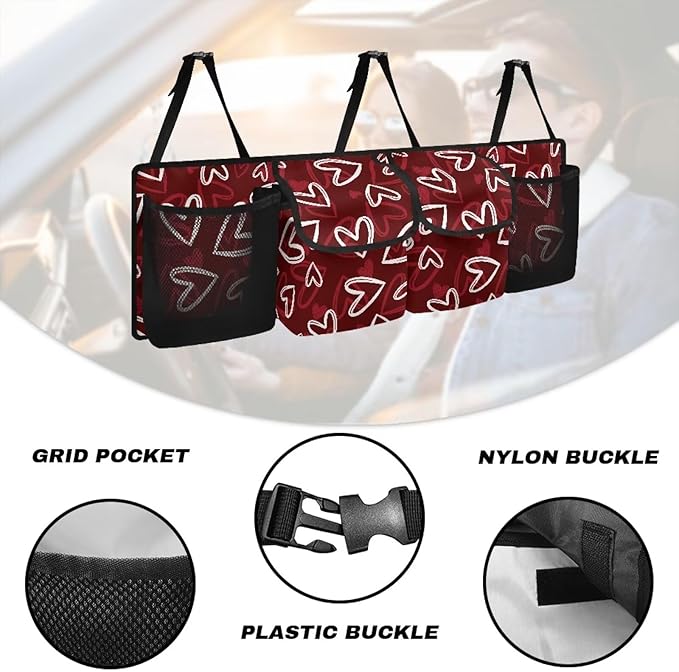 Car Trunk Organizer, Valentine'S Day Heart Hanging Seat Back Storage Organizer with Large Pockets, Space-Saving Backseat Car Organizer, Large Capacity Collapsible Bag for Most Vehicles