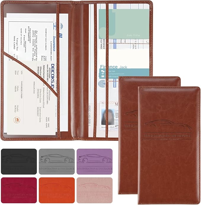 JUSTTOP 2Pack Car Registration and Insurance Holder,Car Document Holder for Cards License with Magnetic Shut,Vehicle Glove Box Car Organizer for Documents, Cards, License(Brown)