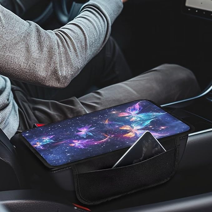 Dreaweet Galaxy Butterfly Arm Rest Cover for Car Purple Center Console Cover with 2 Storage Pockets,Universal Armrest Cover Cushion Pad for Car Truck SUV Van