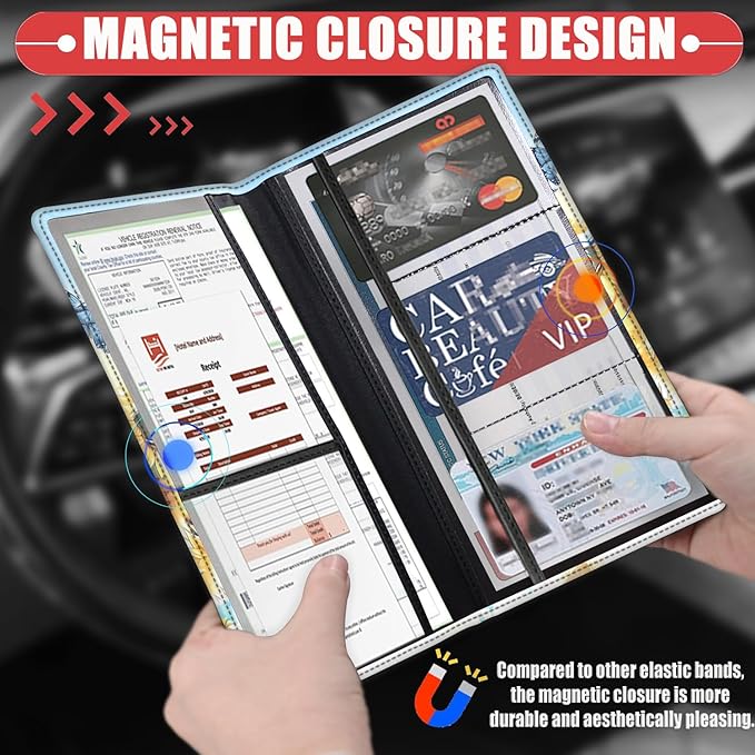Car Registration and Insurance Card Holder for Women Men, Waterproof PU Leather Glove Box Car Organizer with Magnetic Shut, Vehicle Document Holder for Driver License,Cards, Cute Cow Sunflower