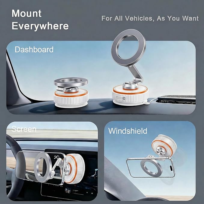 makecatch Vacuum Magnetic Car Phone Mount, 120+ LB Vacuum Suction & 3000gf Magnetic Force, 360° Triple-Axis Adjustable Car Holder for iPhone & All Phones, Twist-Lock Suction Cup, Quick-Release – White