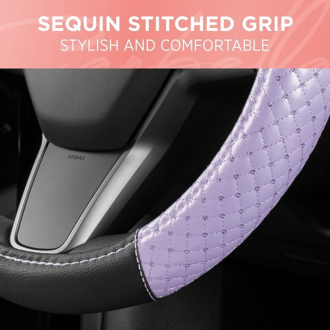 Carbella Purple Sequin Bling Steering Wheel Cover, Standard 15 Inch Size Fits Most Vehicles, Cute Faux Leather Car Steering Cover with Diamond Rhinestone Glitter Like Detail, Car Accessories for Women
