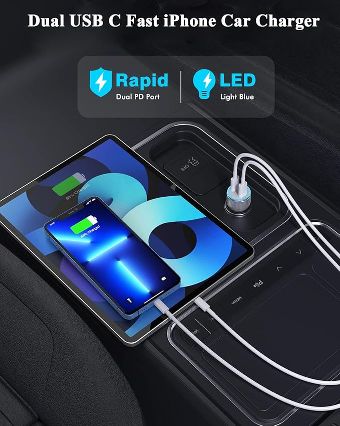 iPhone Car Charger,【2Pack】Dual Port USB C Fast Charger Car Power Adapter [Apple MFi Certfied] Apple Charging Cigarette Lighter with 2Pack Lightning Cable for iPhone 14 13 12 Pro 11 X SE 8 iPad- Silver