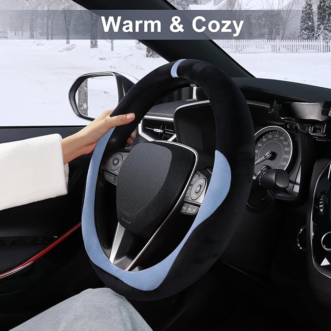 COFIT Plush Steering Wheel Cover Winter, Soft Warm Furry Grip Protector for Cars SUVs Trucks, Fits 14.5-15 Inch, Non-Slip Interior Accessory, Blue