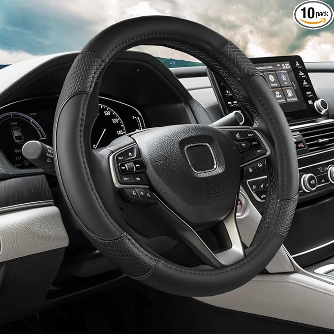 ANMOSVO Steering Wheel Cover for Honda Civic Accord CRV HR-V Pilot Passport Odyssey - Microfiber Leather & Anti-Slip Safety Design 14.5-15 Inch Custom Fit (Black-Standard Size)