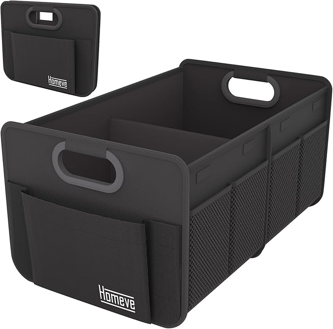 Homeve Car Trunk Organizer, Collapsible Multi-Compartment Car Organizer, Black, 2 Compart-Small