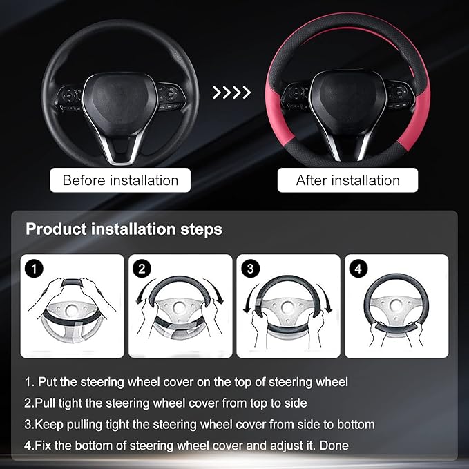 Auto Car Leather Steering Wheel Cover Anti Slip Wrap 15" (Hot Pink)