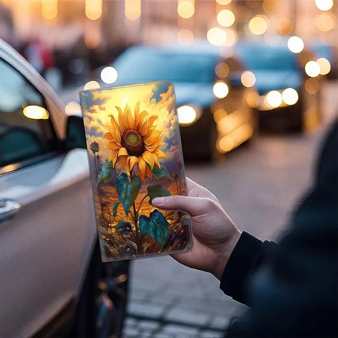 Car Document Holder with Magnetic Shut, Car Registration & Insurance Card Holder, Waterproof PU Leather Glove Box Organizer Vehicle Accessories Driver License for Women/Men, Watercolor Sunflowers