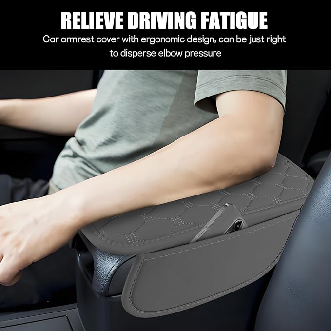 Car Center Console Cover, Leather Auto Armrest Cover Protector, Waterproof Armrest Center Console Pad with 2 Storage Bags, Universal Armrest Seat Box Pad for Vehicle SUV Truck (Gray)