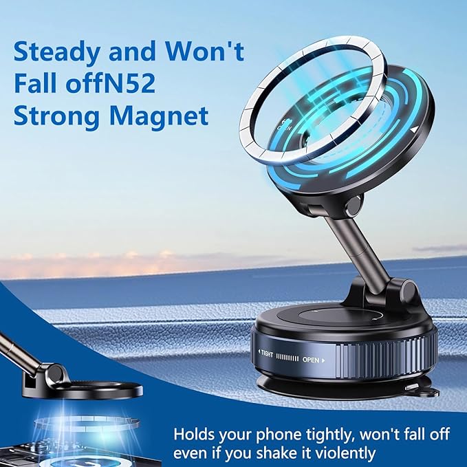 Vacuum Magnetic Car Phone Holder for Magsafe[80+LBS Strongest Suction & 2400gf Magnetic], 360° Adjustable Magnetic Car Phone Mount, Phone Holder for Your Car/Gym/Shower for iPhone&Android