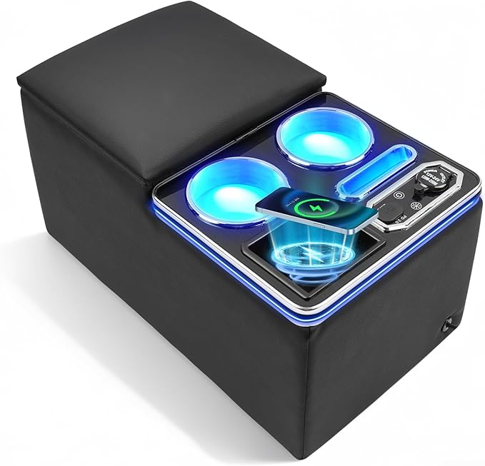 Center Console, Universal Bench Seat Center Console with Fast Phone Charging， Back Seat Car Organizer, Automotive Center Console with Cup Holder & Phone Holder