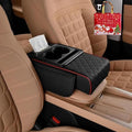 Multifunctional PU Leather Car Armrest Box Mat with Central Elbow, 2026 New Car Armrest Storage Box with Cup Holder, Tissue Box Slot, Phone Slot, Universal Fit (Black + Red)