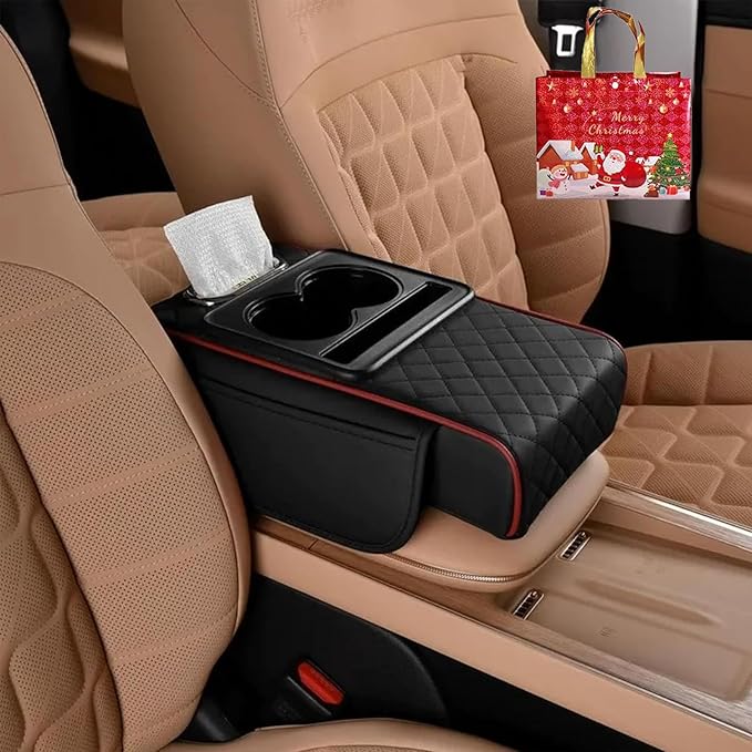 Multifunctional PU Leather Car Armrest Box Mat with Central Elbow, 2026 New Car Armrest Storage Box with Cup Holder, Tissue Box Slot, Phone Slot, Universal Fit (Black + Red)