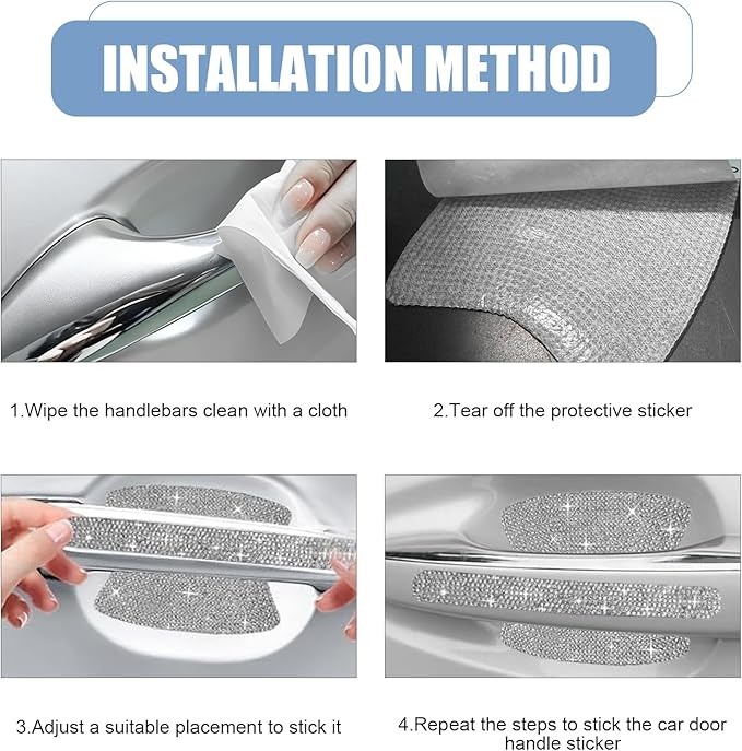 10PCS Bling Car Door Handle Protector, Crystal Rhinestone Car Door Handle Scratch Protector, Anti-Scratch Door Bowl Paint Guard Protective Film, for Auto, Van, Truck (Silver)