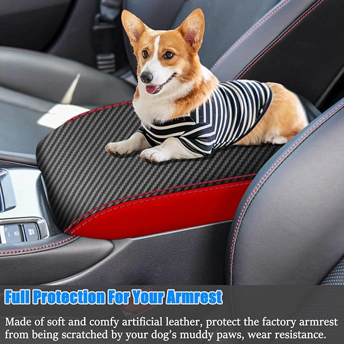 for Honda 11th Accord 2023 2024 Center Console Cover Anti-Scratch Waterproof Leather Armrest Pad Protector Cushion Interior Accessories(Carbon Fiber + Red)