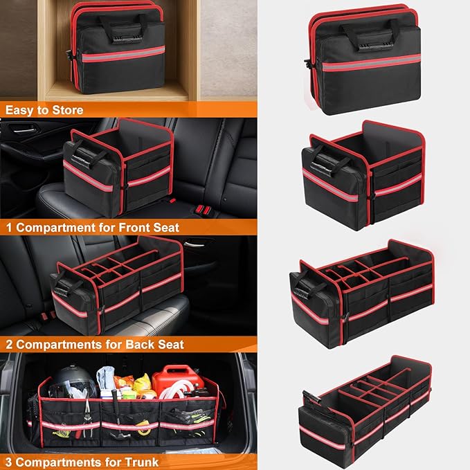 SKYJDM 95L Car Trunk Organizer with Removable Cooler Bag, Collapsible Trunk Storage Organizer with Removable Lid - Multi Compartment Waterproof Storage Organization, Fits Most Car, Truck, Red